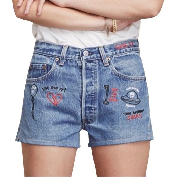 REDONE Reformation Vintage Levi’s embroidered high rise jean shorts size 26 NWT - Picture 1 of 14